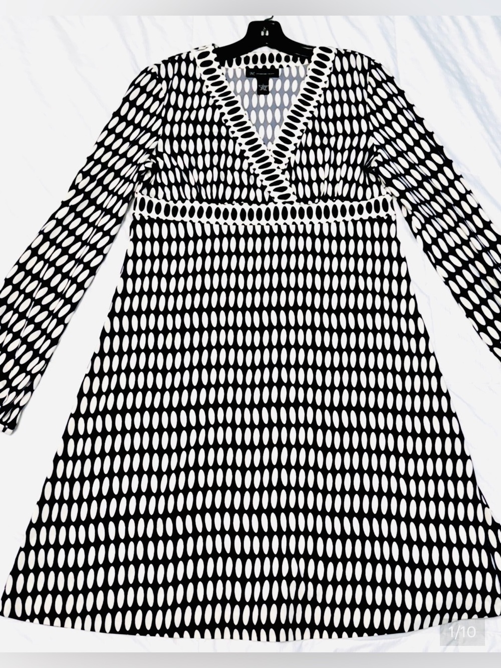 INC International Concepts Black and White Long Sleeve V-Neck Dress